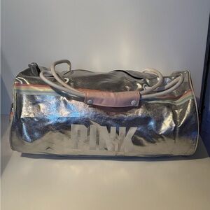 Victoria’s Secret PINK Metallic Silver Duffle Bag Rainbow Stripe Gym Weekender